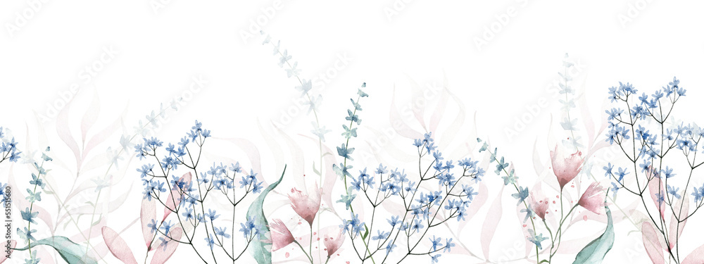 Wall mural watercolor painted floral seamless border. pink and blue wild flowers, branches, leaves and twigs. c