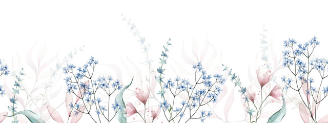 Watercolor painted floral seamless border. Pink and blue wild flowers, branches, leaves and twigs. Cut out hand drawn PNG illustration on transparent background. Watercolour isolated clipart drawing.