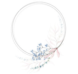 Watercolor painted floral wreath. Blue and pink branches, leaves, twigs. Cut out hand drawn PNG illustration on transparent background. Watercolour isolated clipart drawing.