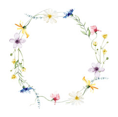 Watercolor painted floral wreath. Yellow, blue, white and pink wild flowers. Cut out hand drawn PNG  on transparent background. Watercolour isolated clipart drawing.