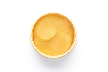 Cosmetic golden patches in jar on white background. Isolated beauty product for eyes on white...