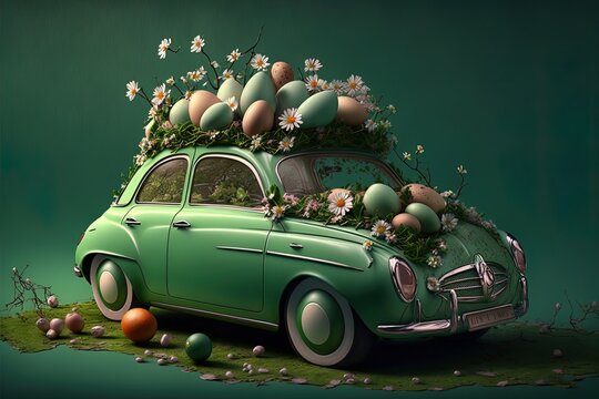Easter eggs in a green automobile