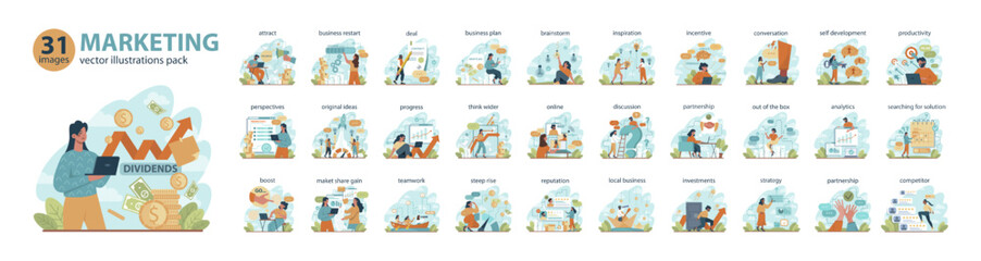 Marketing conceptions big set. Commercial project launching and promotion.