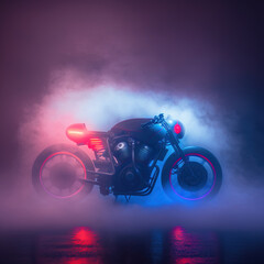 Fototapeta na wymiar Motorbike in a futuristic night city with neon light and fog, 3D rendering