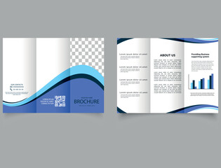 Trifold brochure with blue waves. Advertising leaflet. booklet. Business chart. - obrazy, fototapety, plakaty