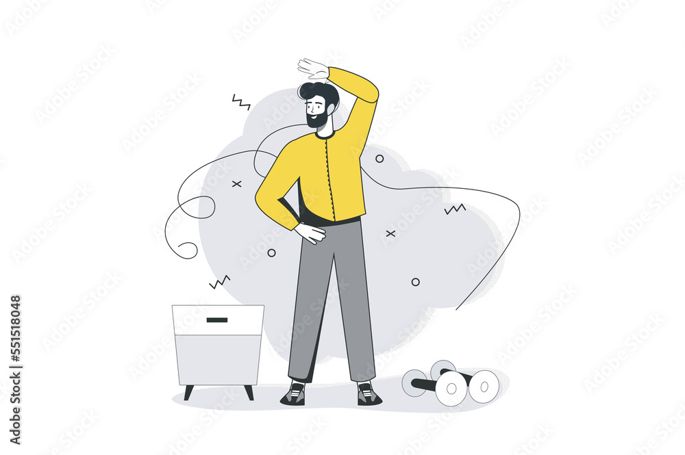 Canvas Prints Sport at home flat line concept. Man does morning training and stretches his body, performs exercises and takes care of his health. Illustration with outline people scene for web banner design