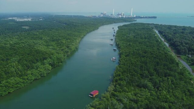 Aerial drone View of Bagan Lalang river in the morning with floating housees