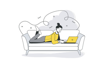 Freelance working flat line concept. Woman works on laptop and lies on sofa. Remote worker doing tasks. Freelancer at home office. Illustration with outline people scene for web banner design