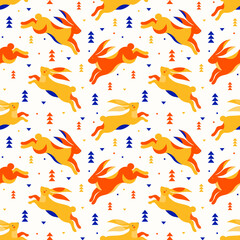 Seamless pattern cute hares jump and run through the winter forest. Colorful festive background funny bunnies. Chinese zodiac Rabbit symbol. Vector flat illustration in geometric minimalism style.