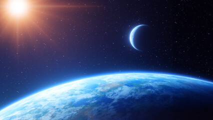 Naklejka na ściany i meble View of the surface of a blue Earth-like terrestrial globe with the moon orbiting above the horizon line in space and the sun in the background. Fantasy and science fiction atmosphere. 3D rendering