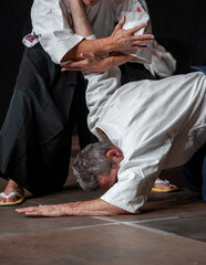 .Opponent knockdown and immobilization. Black belt aikido master during a training session. . - obrazy, fototapety, plakaty