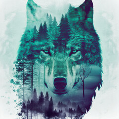Concept art illustration of grey wolf and forest double exposure