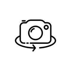 360 degrees camera line icon. Circular arrow, panorama, prospect, photo, video, creative occupation, photographer, image. Art concept. Vector line icon on white background