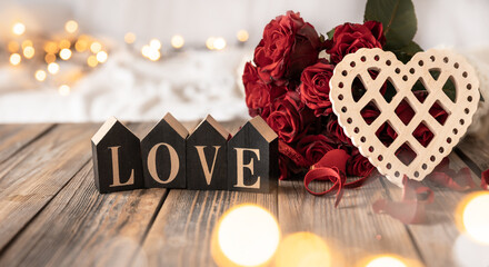 Background for Valentine's Day with a bouquet of roses and decorative details.