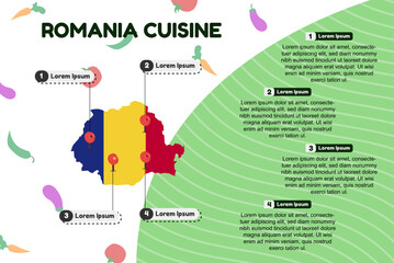 Romania cuisine infographic, popular or cultural food concept, traditional Romania kitchen, vector layout and template, famous food locations, banner idea with flag and map