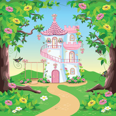 Fairy tale background with princess castle in the forest. Castle with pink flags, precious hearts, roofs, towers and gates in a beautiful landscape. Vector illustration for a fairy tale.