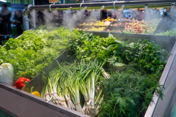 Sale of fresh green vegetables - lettuce salad, parsley, dill, green onions, herbs. Fresh herbs on...