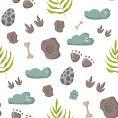 Dinosaur seamless pattern footprint tracks. Minimal color background with paw, stones, rainbow. Dinosaur footprint seamless pattern perfect for textile, wrap and wallpaper and design.