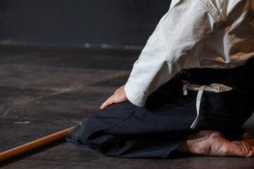 Black belt aikido master in seiza traditional sitting. Copy space.
