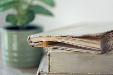 Cozy home composition with books on the table close-up.