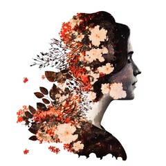 Surreal double exposure image of woman and flowers. Great for ads, book covers, posters and more. AI Generated Illustration.