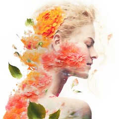 Surreal double exposure image of woman and flowers. Great for ads, book covers, posters and more. AI Generated Illustration.