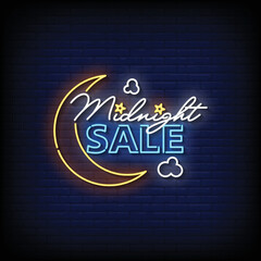 Neon Sign midnight sale with brick wall background vector