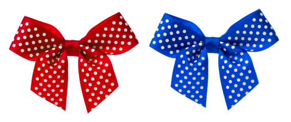 red and blue fabric ribbon bow with white dots on transparent background