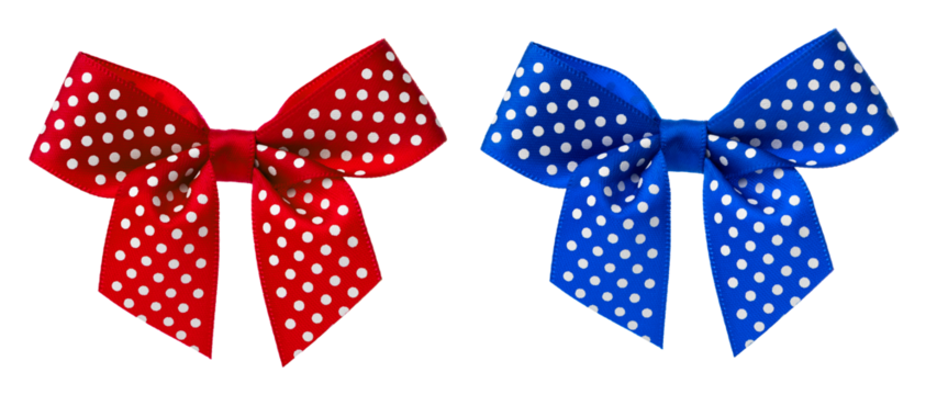 red and blue fabric ribbon bow with white dots on transparent background