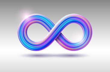 Isolated infinity symbol vector template. Illustration with 3D realistic eternity sign with colored stripes. Colorful wavy volumetric figure eight for logo, branding. - obrazy, fototapety, plakaty
