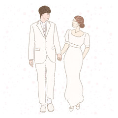 Groom and bride in wedding dress holing their hands, looking in each other eyes . Married couple. Hand drawn flat cartoon character vector illustration in colored pencil texture.