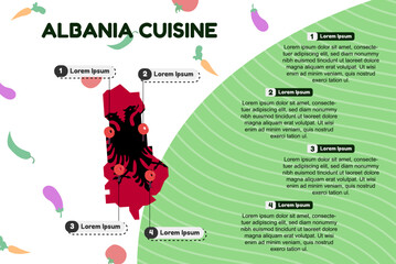 Albania cuisine infographic, popular or cultural food concept, traditional Albania kitchen, vector layout and template, famous food locations, banner idea with flag and map
