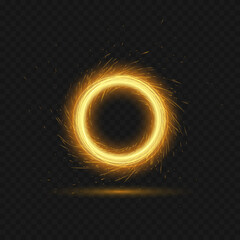 Vector illustration of bright fiery magical portal with reflection, glowing lights in shape of sparkling circle on dark transparent background. Round frame template. Glow trail effect, sparks, fire - obrazy, fototapety, plakaty