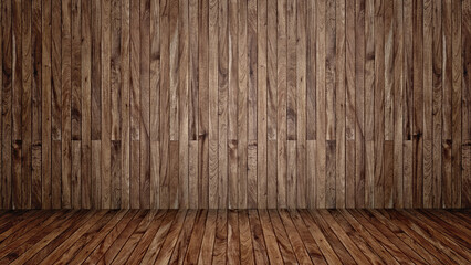 Conceptual vintage or grungy brown background of natural wood or wooden old texture floor and wall as a retro pattern layout. A 3d illustration metaphor to time, material, emptiness,  age or rust