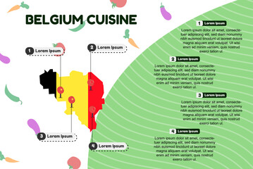 Belgium cuisine infographic, popular or cultural food concept, traditional Belgium kitchen, vector layout and template, famous food locations, banner idea with flag and map