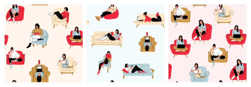 People On The Couch Vector Cartoon Seamless Pattern Background For Wallpaper, Wrapping, Packing, And Backdrop.