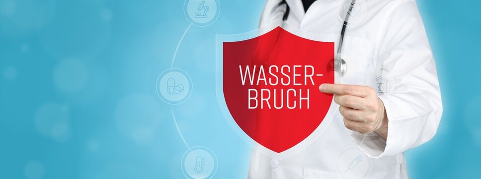 Wasserbruch (Hydrozele). Arzt h&auml;lt rotes Schutzschild umgeben von Icons im Kreis. Medizinisches Wort im Symbol