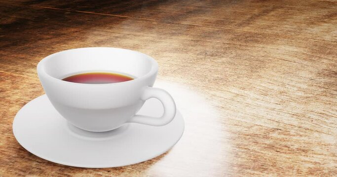 Cup of tea animation with steam on a wooden table, white ceramic 3D render