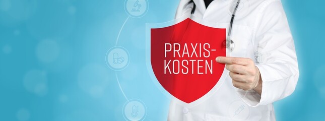 Praxiskosten. Arzt hält rotes Schutzschild umgeben von Icons im Kreis. Medizinisches Wort im Symbol