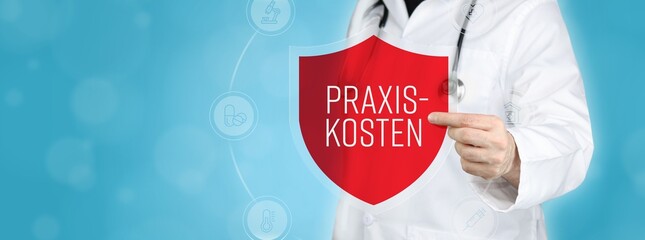 Praxiskosten. Arzt hält rotes Schutzschild umgeben von Icons im Kreis. Medizinisches Wort im Symbol