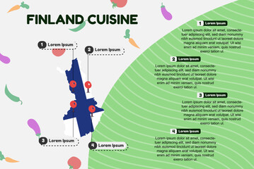 Finland cuisine infographic, popular or cultural food concept, traditional Finland kitchen, vector layout and template, famous food locations, banner idea with flag and map