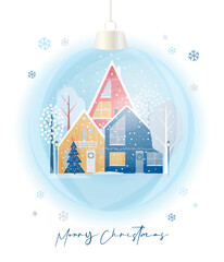 Christmas card design with a winter landscape in a glass Christmas ornament.