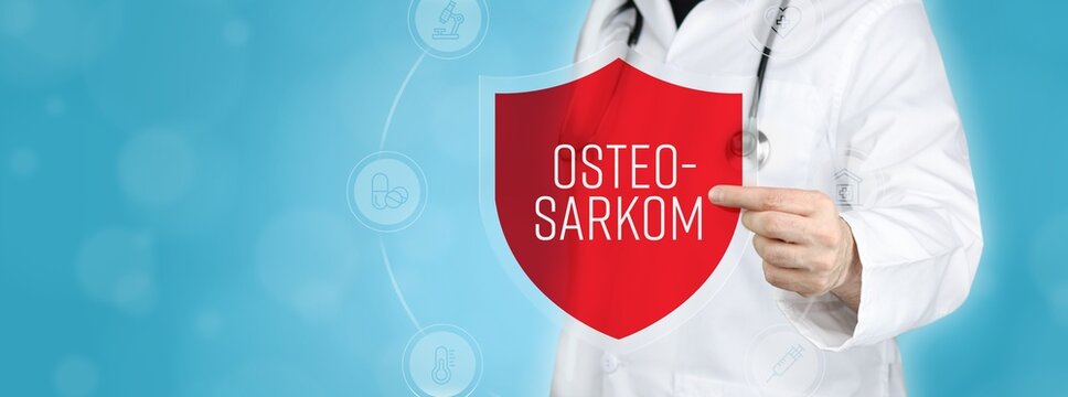 Osteosarkom (Knochenkrebs). Arzt hält rotes Schutzschild umgeben von Icons im Kreis. Medizinisches Wort im Symbol