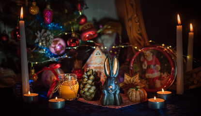 Winter Christmas Holidays concept. Decoration of candles and other stuff at home, details and ideas for New Year