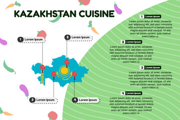 Kazakhstan cuisine infographic, popular or cultural food concept, traditional Kazakhstan kitchen, vector layout and template, famous food locations, banner idea with flag and map
