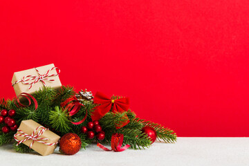 New Year Christmas tree toy, branches of a christmas tree, New Year decorations on a colored background