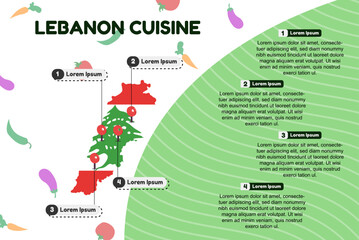 Lebanon cuisine infographic, popular or cultural food concept, traditional Lebanon kitchen, vector layout and template, famous food locations, banner idea with flag and map