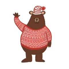 Christmas cartoon New Year's characters. Bear in winter clothes. Design of greeting cards
