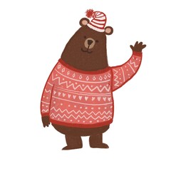 Christmas cartoon New Year's characters. Bear in winter clothes. Design of greeting cards