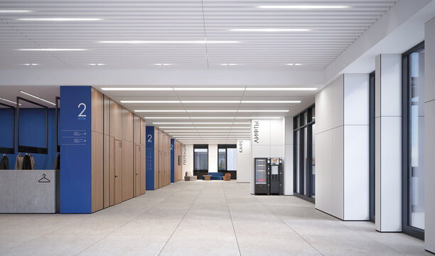 Hall area lobby with wardrobe with blue wall decorate investment company design on white marble floor and information desk with soft blue seats 3d rendering.